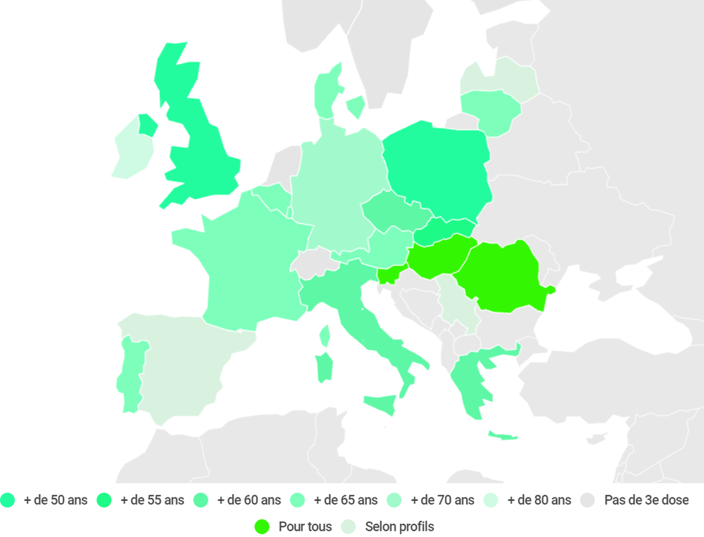 Parcourez notre carte interactive pour savoir quels pays européens proposent une dose de rappel et à quelle catégorie de la population.